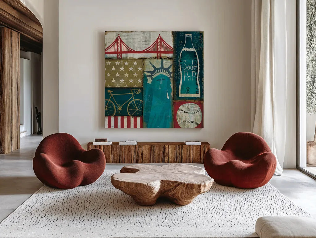 American Pop I by Michael Mullan. Shown as extra-large giant wall art in a modern living room. Available as an archival giclee rolled canvas, fine art paper, or poster print. SKU 2700a.