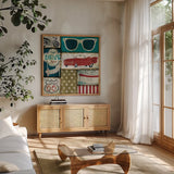 American Pop II by Michael Mullan. Shown in a natural wood frame in a cozy modern living room. Available as an archival giclee rolled canvas, fine art paper, or poster print. SKU 2701a.