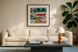 American Pop II by Michael Mullan. Displayed in a glass frame with matte in a clean modern living room. Available as an archival giclee rolled canvas, fine art paper, or poster print. SKU 2701a.