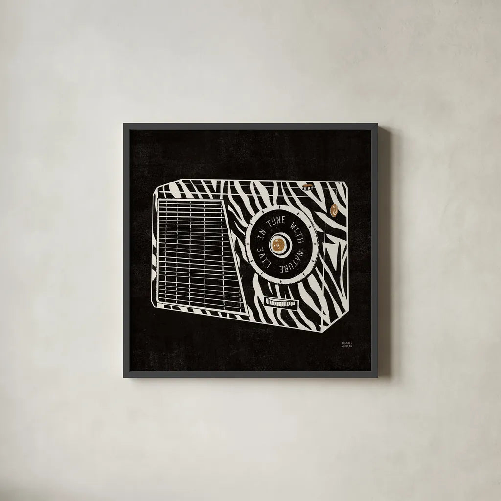 Analog Jungle Radio by Michael Mullan. Shown in a sleek black glass frame for a contemporary gallery look. Available as an archival giclee rolled canvas, fine art paper, or poster print. SKU 12378a.