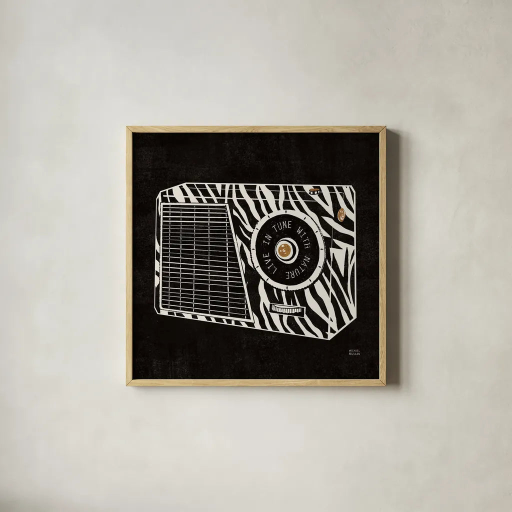 Analog Jungle Radio by Michael Mullan. Shown in a natural wood glass frame for a timeless modern aesthetic. Available as an archival giclee rolled canvas, fine art paper, or poster print. SKU 12378a.