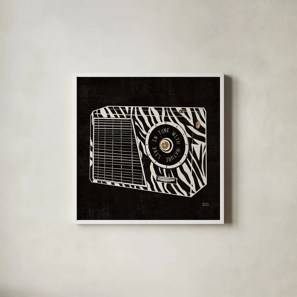 Analog Jungle Radio by Michael Mullan. Shown in a crisp white glass frame for a clean and minimalist style. Available as an archival giclee rolled canvas, fine art paper, or poster print. SKU 12378a.