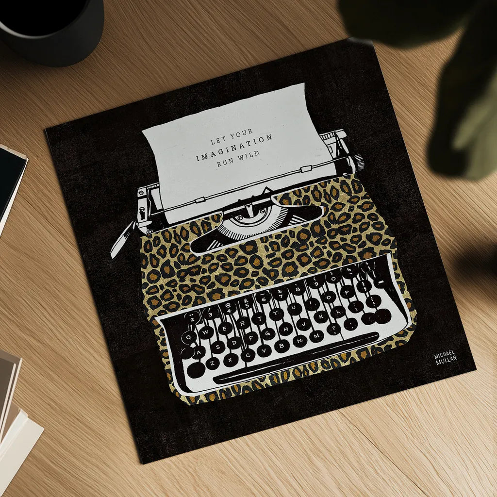 Analog Jungle Typewriter by Michael Mullan. Shown as a detailed flat fine art print, highlighting archival giclee quality. Available as an archival giclee rolled canvas, fine art paper, or poster print. SKU 12375a.