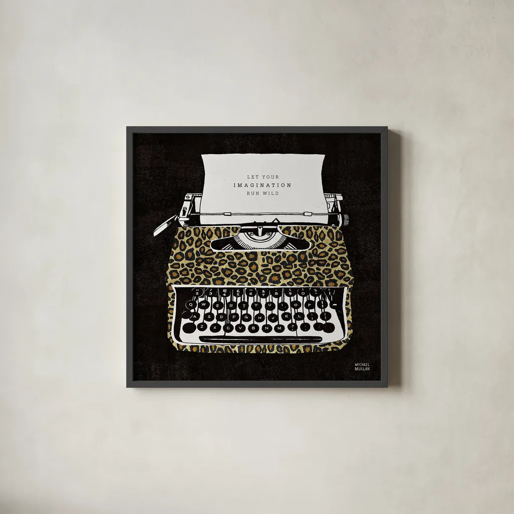 Analog Jungle Typewriter by Michael Mullan. Shown in a sleek black glass frame for a contemporary gallery look. Available as an archival giclee rolled canvas, fine art paper, or poster print. SKU 12375a.