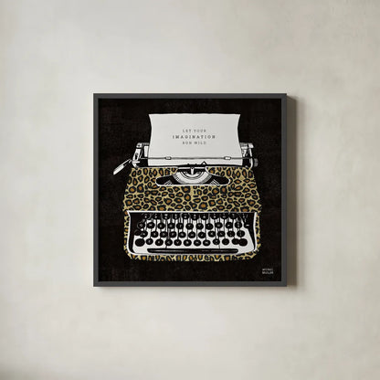 Analog Jungle Typewriter by Michael Mullan. Shown in a sleek black glass frame for a contemporary gallery look. Available as an archival giclee rolled canvas, fine art paper, or poster print. SKU 12375a.