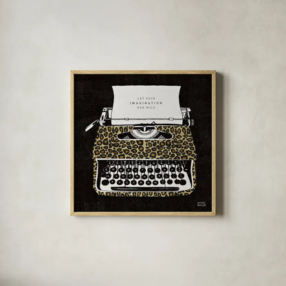 Analog Jungle Typewriter by Michael Mullan. Shown in a natural wood glass frame for a timeless modern aesthetic. Available as an archival giclee rolled canvas, fine art paper, or poster print. SKU 12375a.
