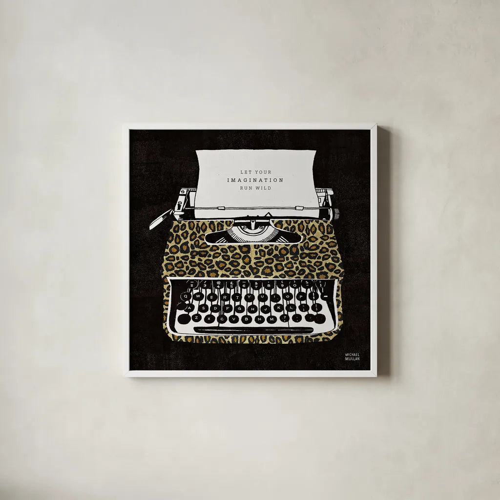 Analog Jungle Typewriter by Michael Mullan. Shown in a crisp white glass frame for a clean and minimalist style. Available as an archival giclee rolled canvas, fine art paper, or poster print. SKU 12375a.