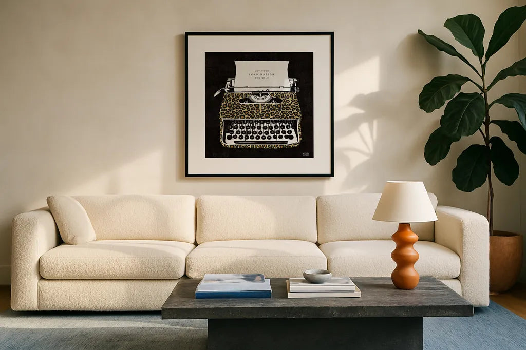 Analog Jungle Typewriter by Michael Mullan. Displayed in a glass frame with matte in a clean modern living room. Available as an archival giclee rolled canvas, fine art paper, or poster print. SKU 12375a.
