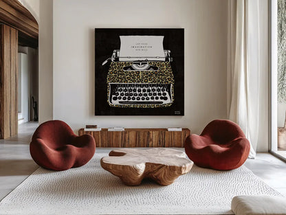 Analog Jungle Typewriter by Michael Mullan. Shown as extra-large giant wall art in a modern living room. Available as an archival giclee rolled canvas, fine art paper, or poster print. SKU 12375a.