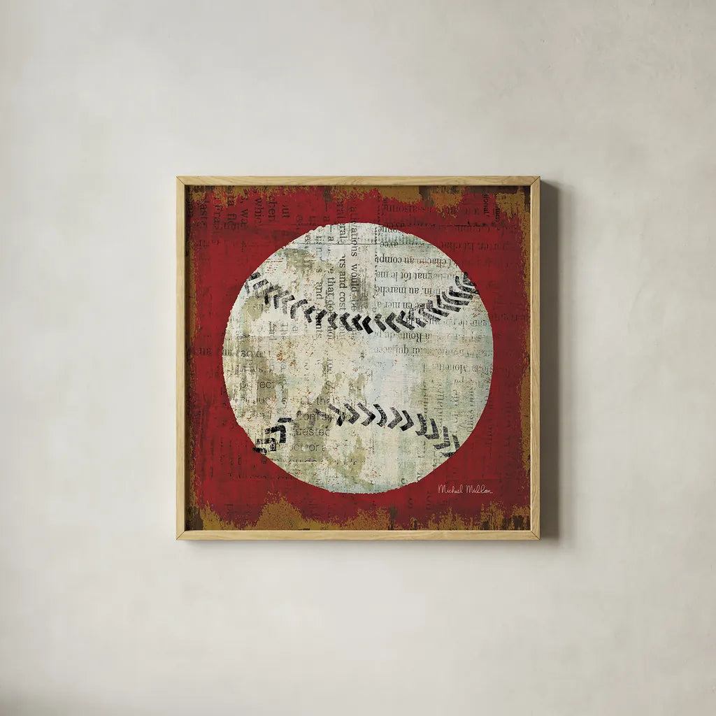 Ball I by Michael Mullan. Shown in a natural wood glass frame for a timeless modern aesthetic. Available as an archival giclee rolled canvas, fine art paper, or poster print. SKU 17573a.