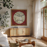 Ball I by Michael Mullan. Shown in a natural wood frame in a cozy modern living room. Available as an archival giclee rolled canvas, fine art paper, or poster print. SKU 17573a.