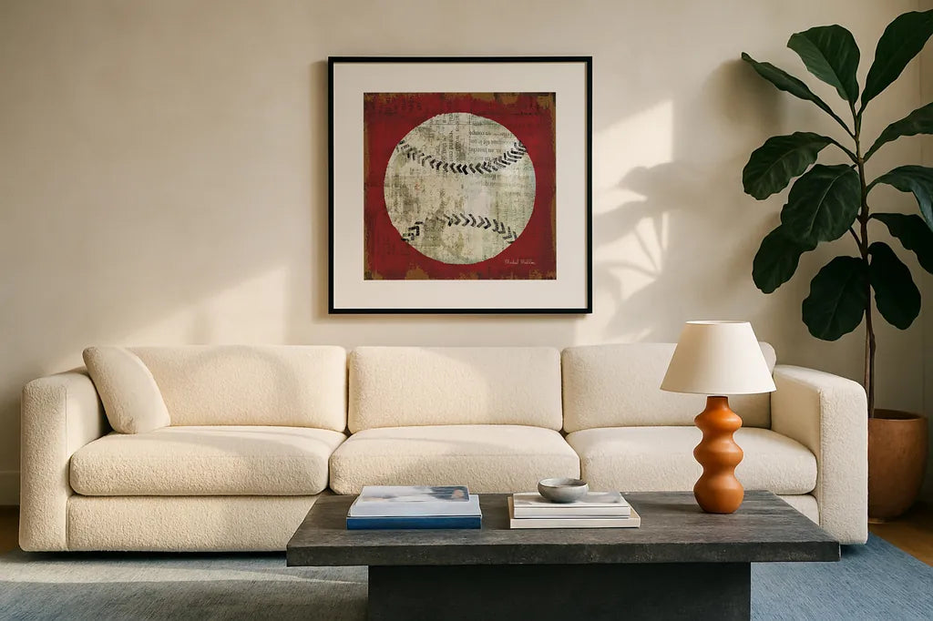 Ball I by Michael Mullan. Displayed in a glass frame with matte in a clean modern living room. Available as an archival giclee rolled canvas, fine art paper, or poster print. SKU 17573a.