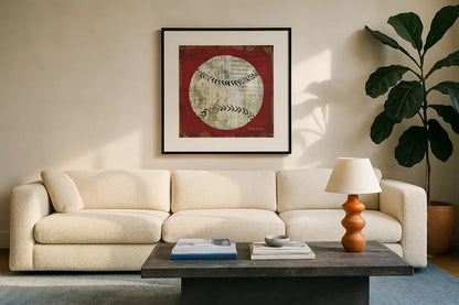 Ball I by Michael Mullan. Displayed in a glass frame with matte in a clean modern living room. Available as an archival giclee rolled canvas, fine art paper, or poster print. SKU 17573a.