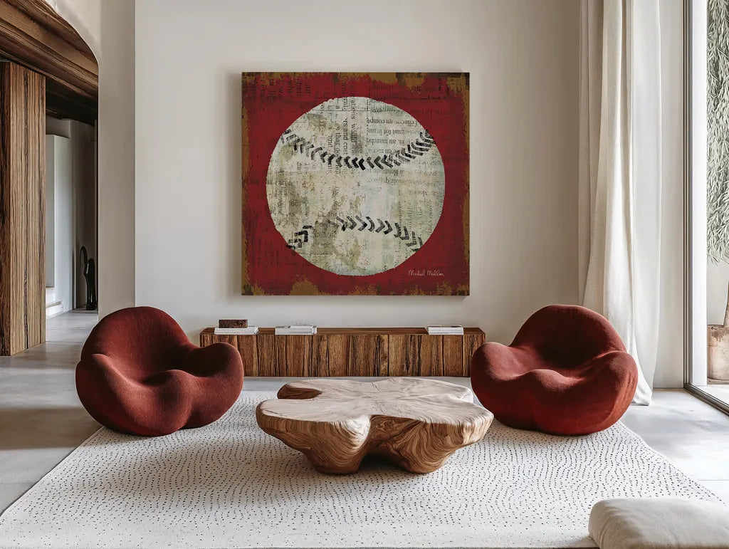 Ball I by Michael Mullan. Shown as extra-large giant wall art in a modern living room. Available as an archival giclee rolled canvas, fine art paper, or poster print. SKU 17573a.
