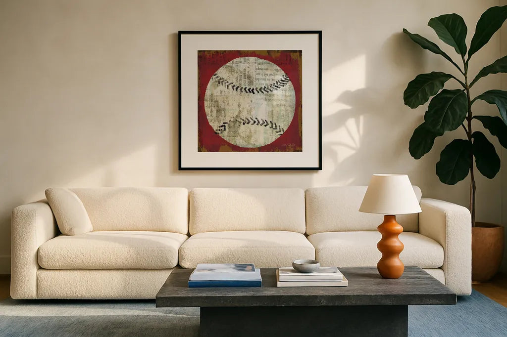 Ball I by Michael Mullan. Displayed in a glass frame with matte in a clean modern living room. Available as an archival giclee rolled canvas, fine art paper, or poster print. SKU 2689a.