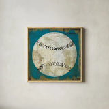 Ball I Blue No Words by Michael Mullan. Shown in a natural wood glass frame for a timeless modern aesthetic. Available as an archival giclee rolled canvas, fine art paper, or poster print. SKU 75846a.