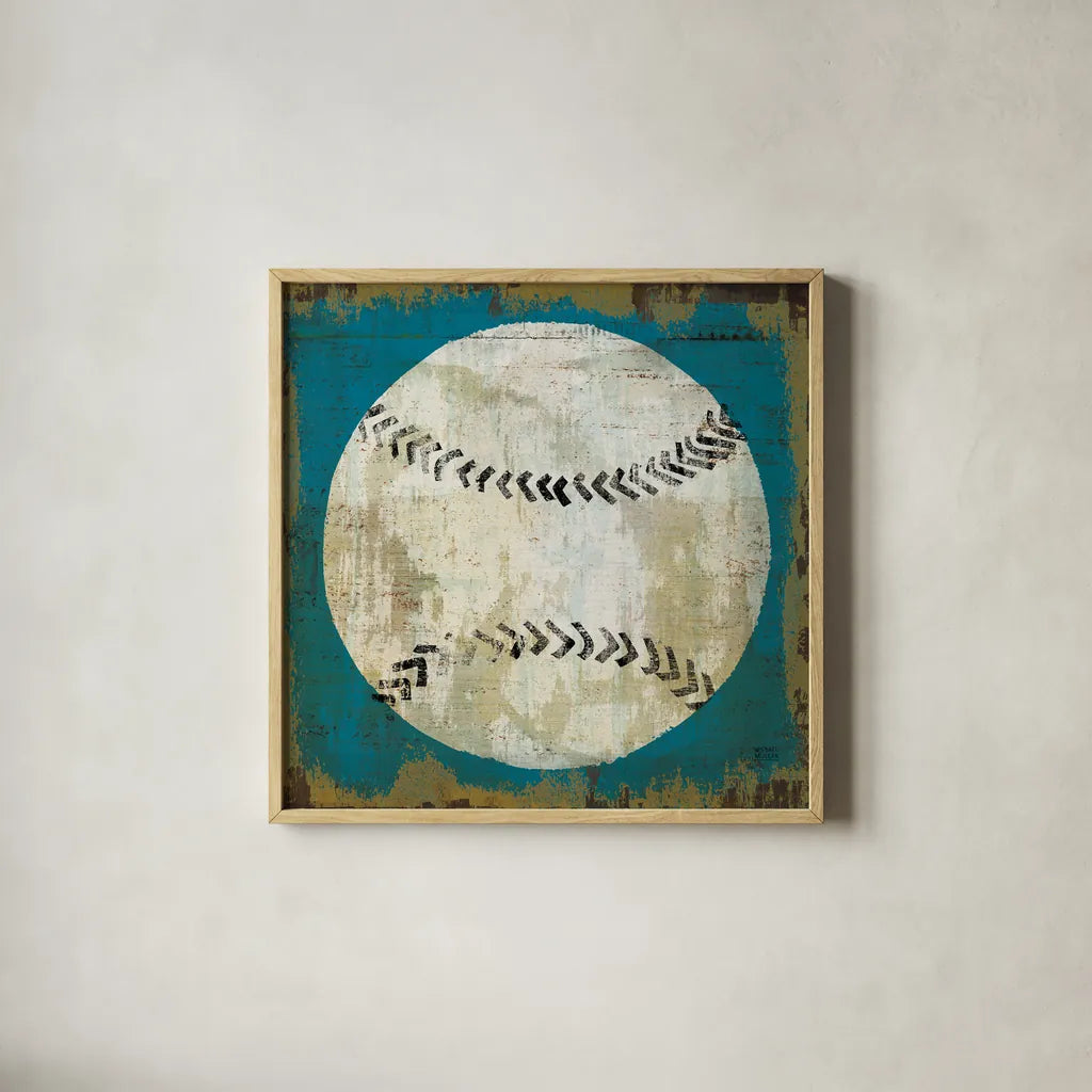 Ball I Blue No Words by Michael Mullan. Shown in a natural wood glass frame for a timeless modern aesthetic. Available as an archival giclee rolled canvas, fine art paper, or poster print. SKU 75846a.