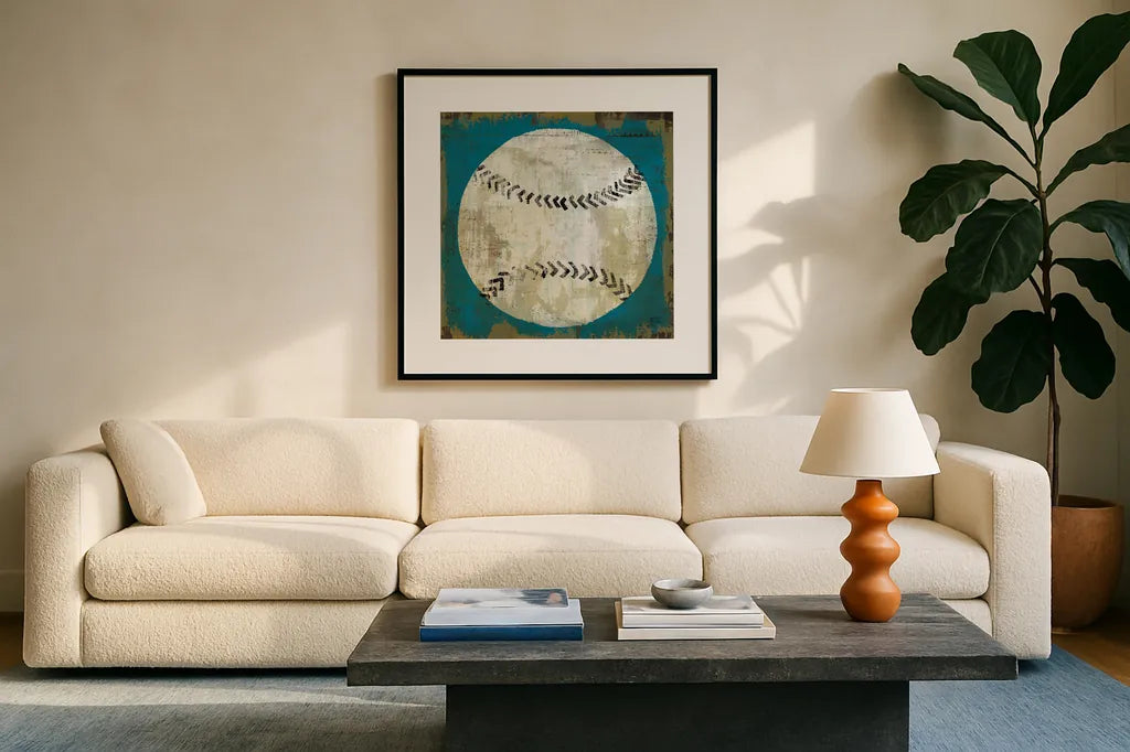 Ball I Blue No Words by Michael Mullan. Displayed in a glass frame with matte in a clean modern living room. Available as an archival giclee rolled canvas, fine art paper, or poster print. SKU 75846a.