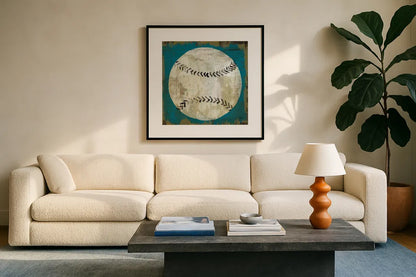 Ball I Blue No Words by Michael Mullan. Displayed in a glass frame with matte in a clean modern living room. Available as an archival giclee rolled canvas, fine art paper, or poster print. SKU 75846a.