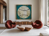 Ball I Blue No Words by Michael Mullan. Shown as extra-large giant wall art in a modern living room. Available as an archival giclee rolled canvas, fine art paper, or poster print. SKU 75846a.