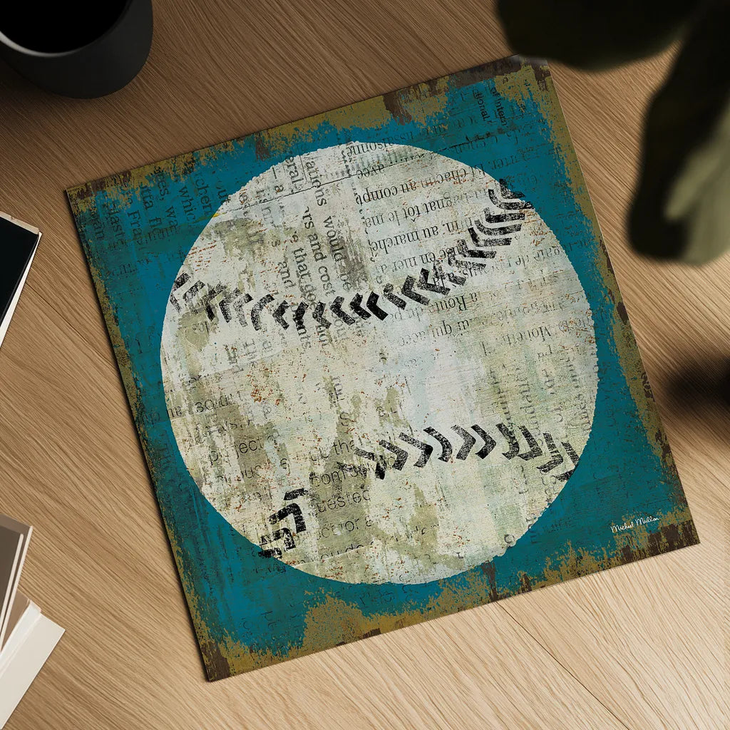 Ball I on Blue by Michael Mullan. Shown as a detailed flat fine art print, highlighting archival giclee quality. Available as an archival giclee rolled canvas, fine art paper, or poster print. SKU 23704a.