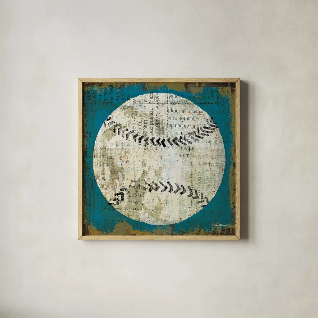 Ball I on Blue by Michael Mullan. Shown in a natural wood glass frame for a timeless modern aesthetic. Available as an archival giclee rolled canvas, fine art paper, or poster print. SKU 23704a.