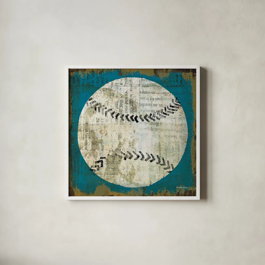 Ball I on Blue by Michael Mullan. Shown in a crisp white glass frame for a clean and minimalist style. Available as an archival giclee rolled canvas, fine art paper, or poster print. SKU 23704a.