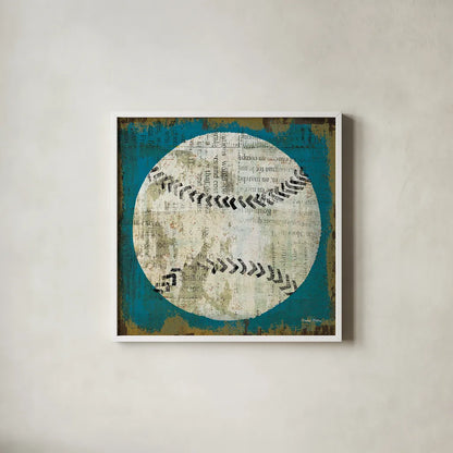 Ball I on Blue by Michael Mullan. Shown in a crisp white glass frame for a clean and minimalist style. Available as an archival giclee rolled canvas, fine art paper, or poster print. SKU 23704a.