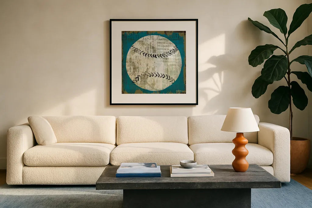 Ball I on Blue by Michael Mullan. Displayed in a glass frame with matte in a clean modern living room. Available as an archival giclee rolled canvas, fine art paper, or poster print. SKU 23704a.