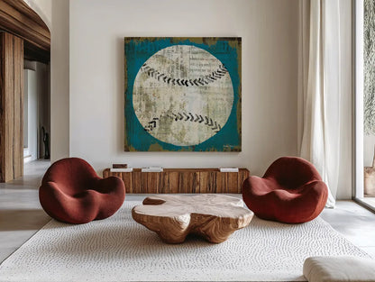 Ball I on Blue by Michael Mullan. Shown as extra-large giant wall art in a modern living room. Available as an archival giclee rolled canvas, fine art paper, or poster print. SKU 23704a.