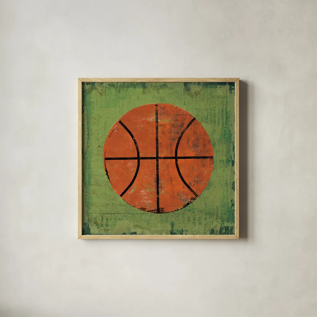 Ball II Green by Michael Mullan. Shown in a natural wood glass frame for a timeless modern aesthetic. Available as an archival giclee rolled canvas, fine art paper, or poster print. SKU 63514a.