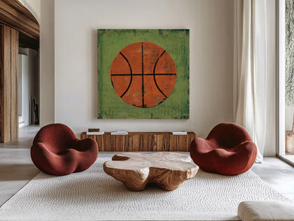 Ball II Green by Michael Mullan. Shown as extra-large giant wall art in a modern living room. Available as an archival giclee rolled canvas, fine art paper, or poster print. SKU 63514a.