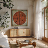 Ball II on Ivory by Michael Mullan. Shown in a natural wood frame in a cozy modern living room. Available as an archival giclee rolled canvas, fine art paper, or poster print. SKU 23705a.