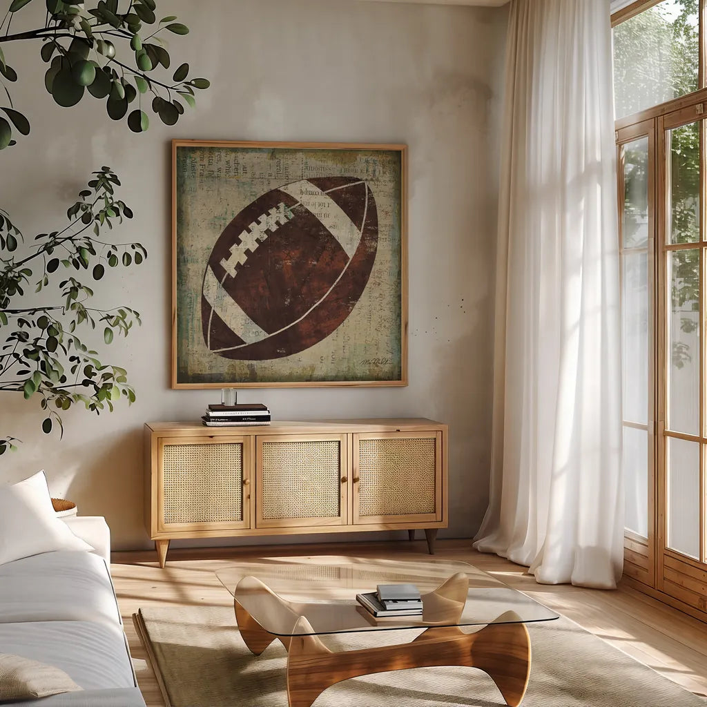 Ball III by Michael Mullan. Shown in a natural wood frame in a cozy modern living room. Available as an archival giclee rolled canvas, fine art paper, or poster print. SKU 2691a.