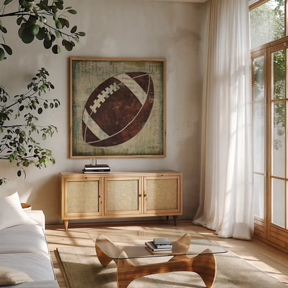 Ball III by Michael Mullan. Shown in a natural wood frame in a cozy modern living room. Available as an archival giclee rolled canvas, fine art paper, or poster print. SKU 2691a.