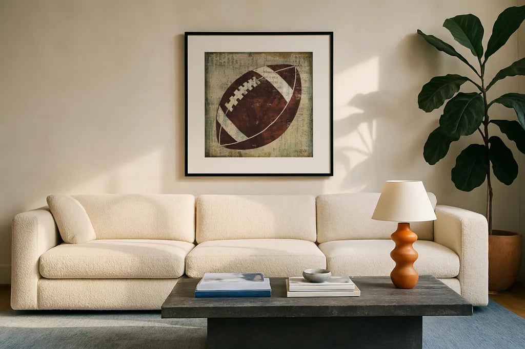 Ball III by Michael Mullan. Displayed in a glass frame with matte in a clean modern living room. Available as an archival giclee rolled canvas, fine art paper, or poster print. SKU 2691a.