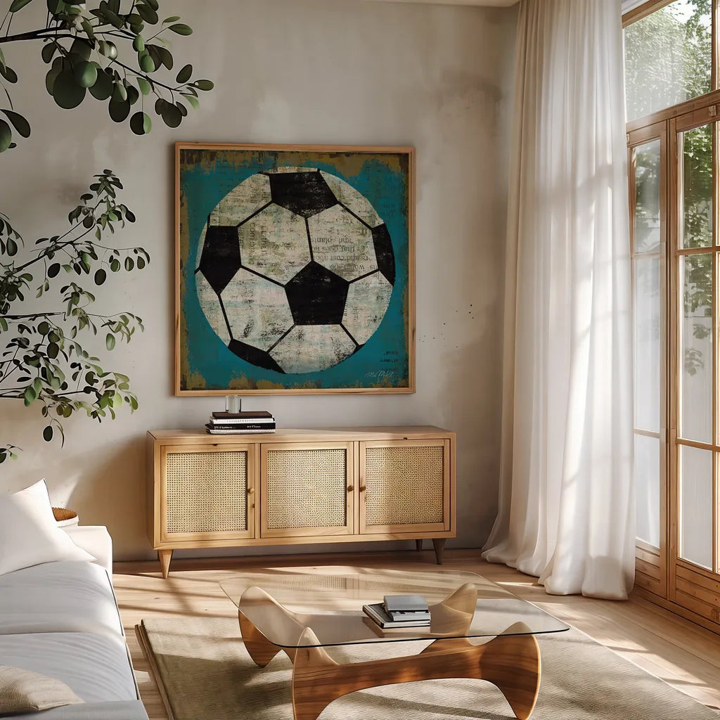 Ball IV by Michael Mullan. Shown in a natural wood frame in a cozy modern living room. Available as an archival giclee rolled canvas, fine art paper, or poster print. SKU 2692a.