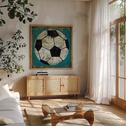 Ball IV by Michael Mullan. Shown in a natural wood frame in a cozy modern living room. Available as an archival giclee rolled canvas, fine art paper, or poster print. SKU 2692a.
