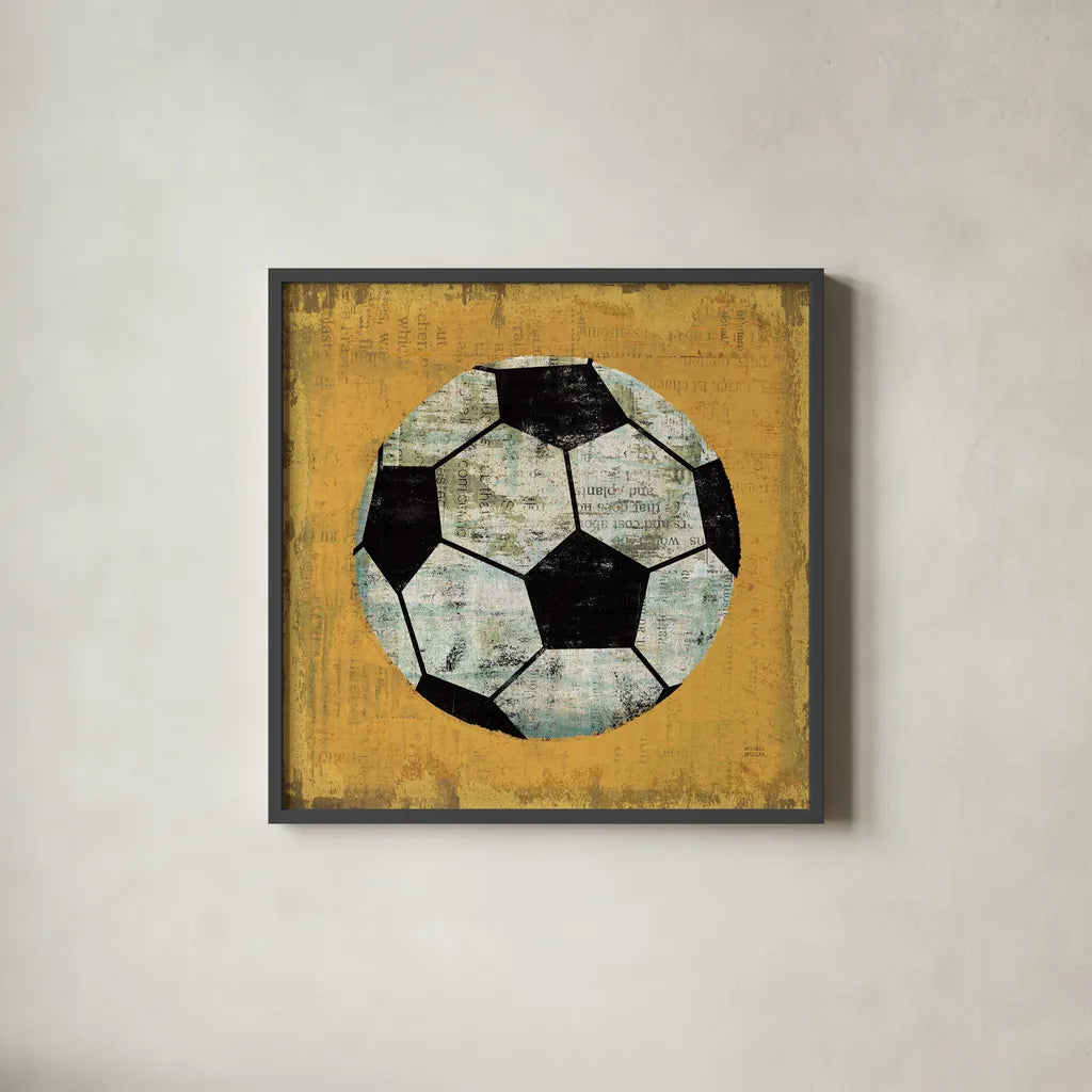 Ball IV Yellow by Michael Mullan. Shown in a sleek black glass frame for a contemporary gallery look. Available as an archival giclee rolled canvas, fine art paper, or poster print. SKU 63515a.