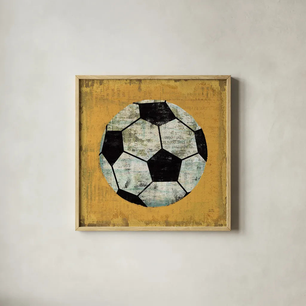 Ball IV Yellow by Michael Mullan. Shown in a natural wood glass frame for a timeless modern aesthetic. Available as an archival giclee rolled canvas, fine art paper, or poster print. SKU 63515a.