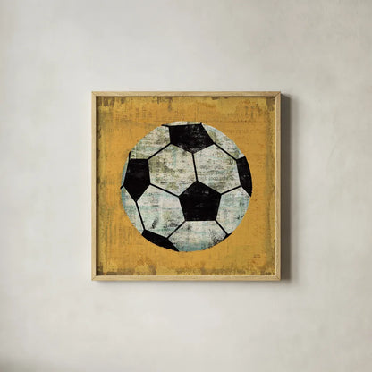 Ball IV Yellow by Michael Mullan. Shown in a natural wood glass frame for a timeless modern aesthetic. Available as an archival giclee rolled canvas, fine art paper, or poster print. SKU 63515a.