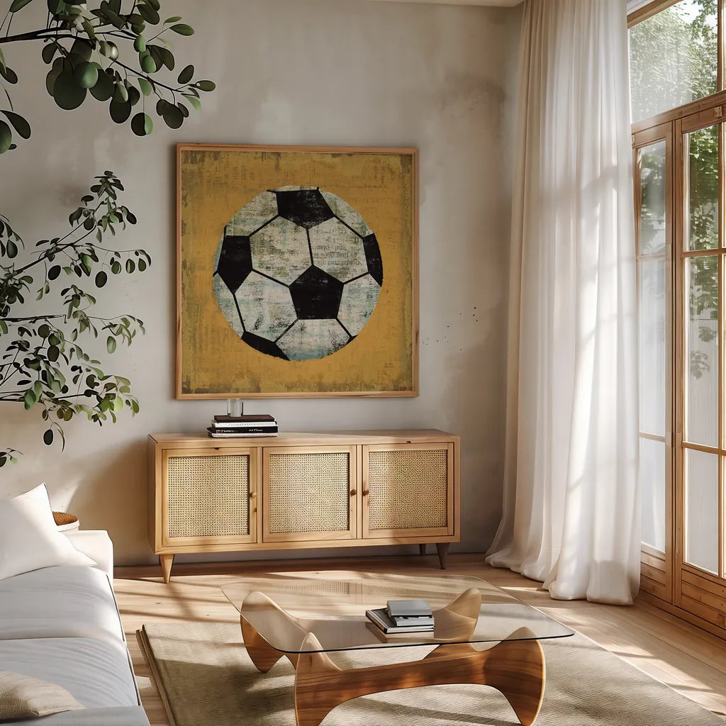 Ball IV Yellow by Michael Mullan. Shown in a natural wood frame in a cozy modern living room. Available as an archival giclee rolled canvas, fine art paper, or poster print. SKU 63515a.