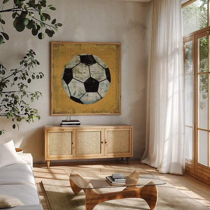 Ball IV Yellow by Michael Mullan. Shown in a natural wood frame in a cozy modern living room. Available as an archival giclee rolled canvas, fine art paper, or poster print. SKU 63515a.