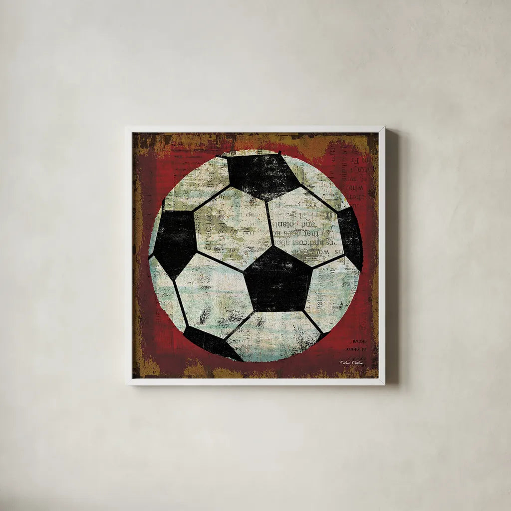 Ball IV on Red by Michael Mullan. Shown in a crisp white glass frame for a clean and minimalist style. Available as an archival giclee rolled canvas, fine art paper, or poster print. SKU 23707a.