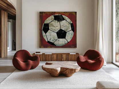 Ball IV on Red by Michael Mullan. Shown as extra-large giant wall art in a modern living room. Available as an archival giclee rolled canvas, fine art paper, or poster print. SKU 23707a.