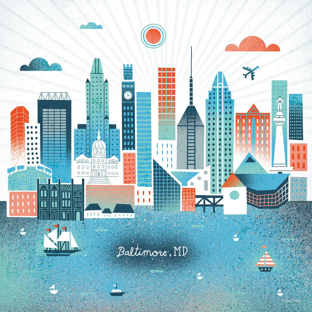 Baltimore Skyline by Michael Mullan. SKU 37543a. Archival Giclee Fine art print for wall decor.