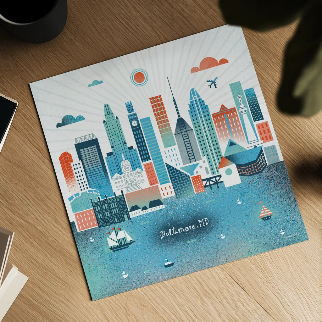 Baltimore Skyline by Michael Mullan. Shown as a detailed flat fine art print, highlighting archival giclee quality. Available as an archival giclee rolled canvas, fine art paper, or poster print. SKU 37543a.