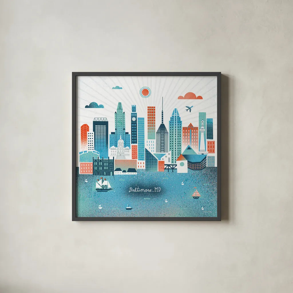 Baltimore Skyline by Michael Mullan. Shown in a sleek black glass frame for a contemporary gallery look. Available as an archival giclee rolled canvas, fine art paper, or poster print. SKU 37543a.