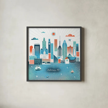 Baltimore Skyline by Michael Mullan. Shown in a sleek black glass frame for a contemporary gallery look. Available as an archival giclee rolled canvas, fine art paper, or poster print. SKU 37543a.