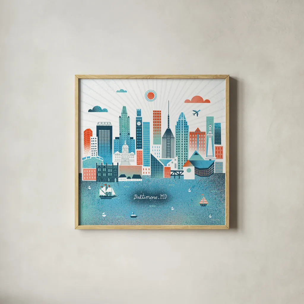 Baltimore Skyline by Michael Mullan. Shown in a natural wood glass frame for a timeless modern aesthetic. Available as an archival giclee rolled canvas, fine art paper, or poster print. SKU 37543a.